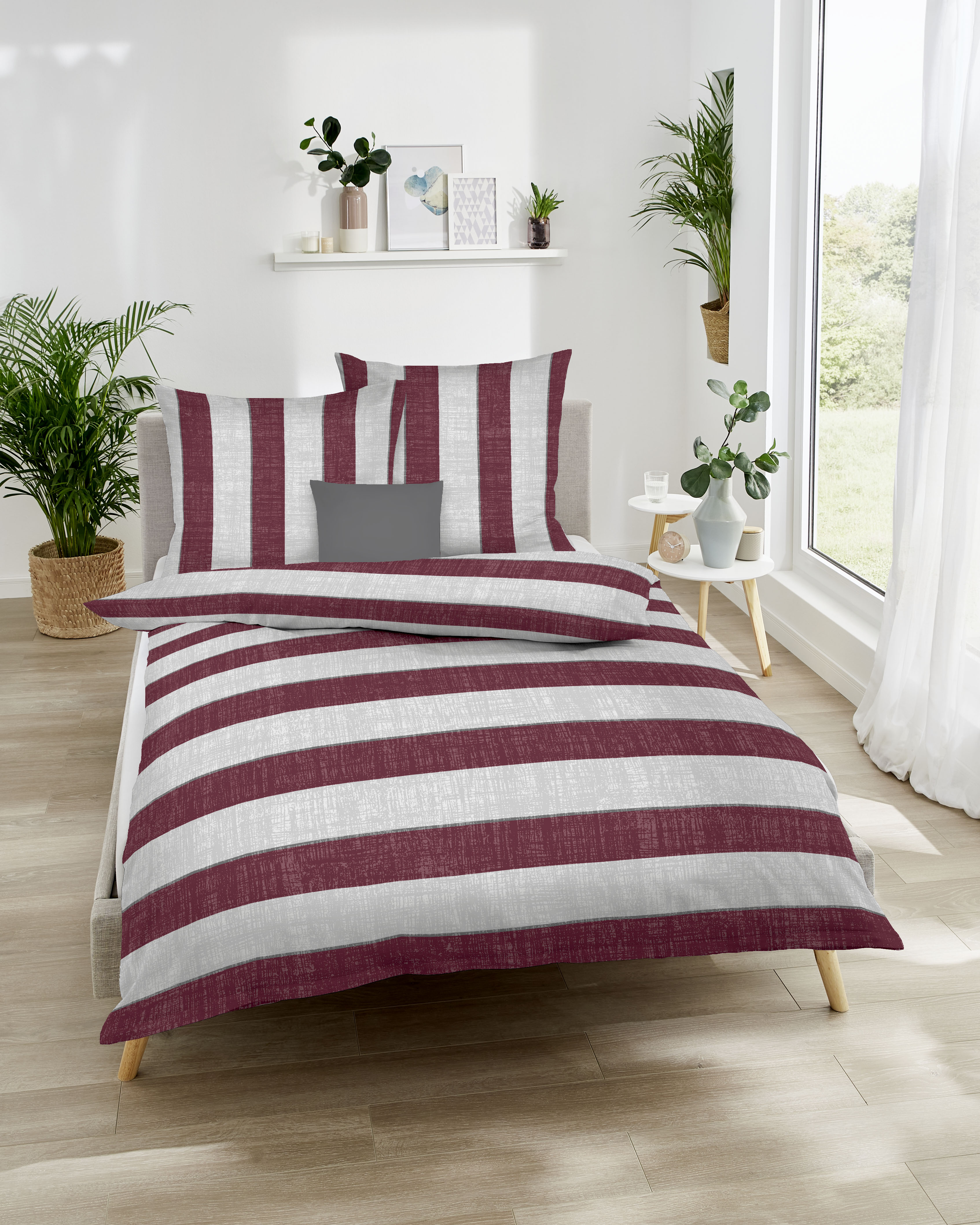 Biber Bettwäsche Kaeppel in Rubin-Rot im Streifen-Design 530