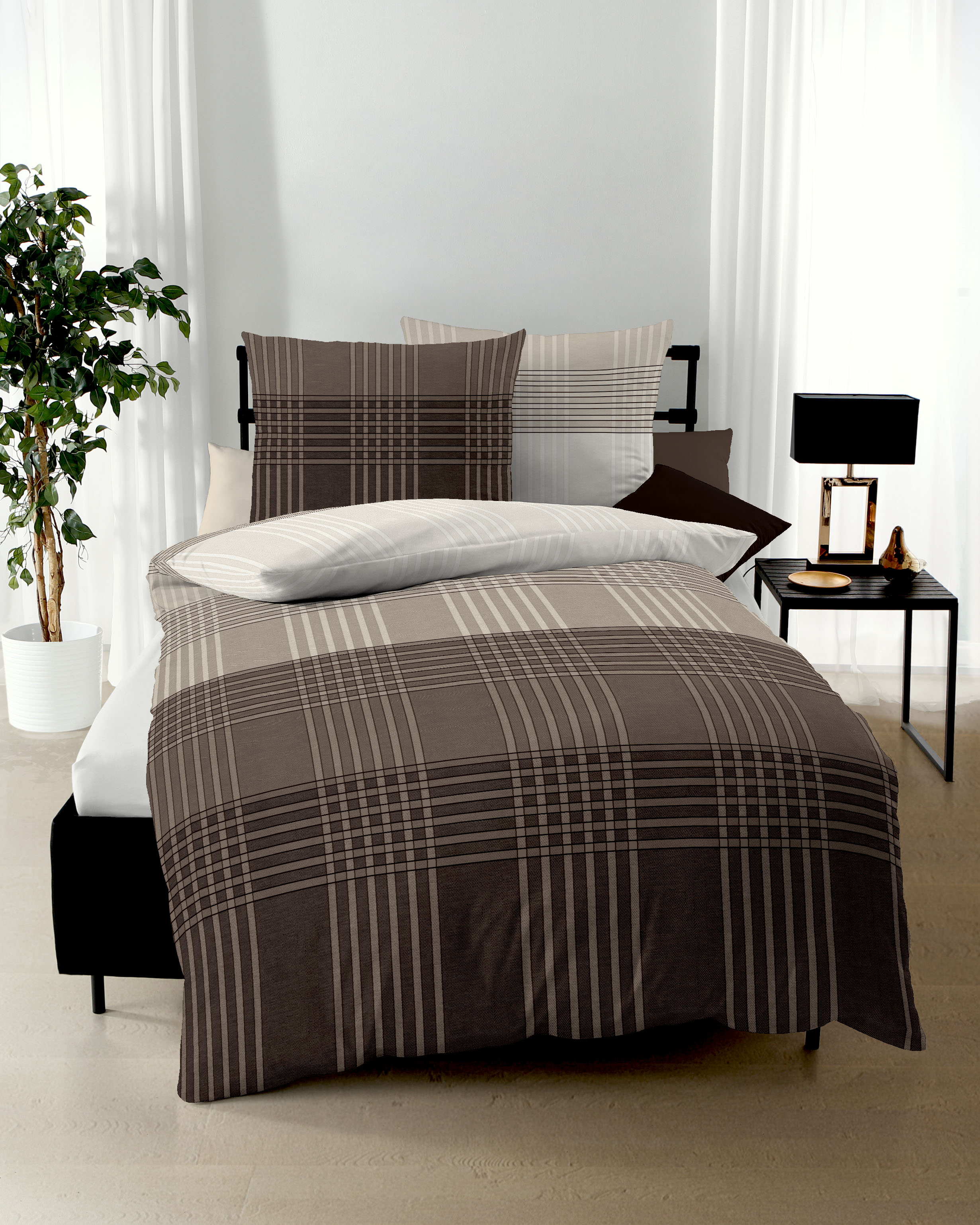 Biber Bettwäsche Kaeppel in Kaffee-Braun im Karo-Design 426