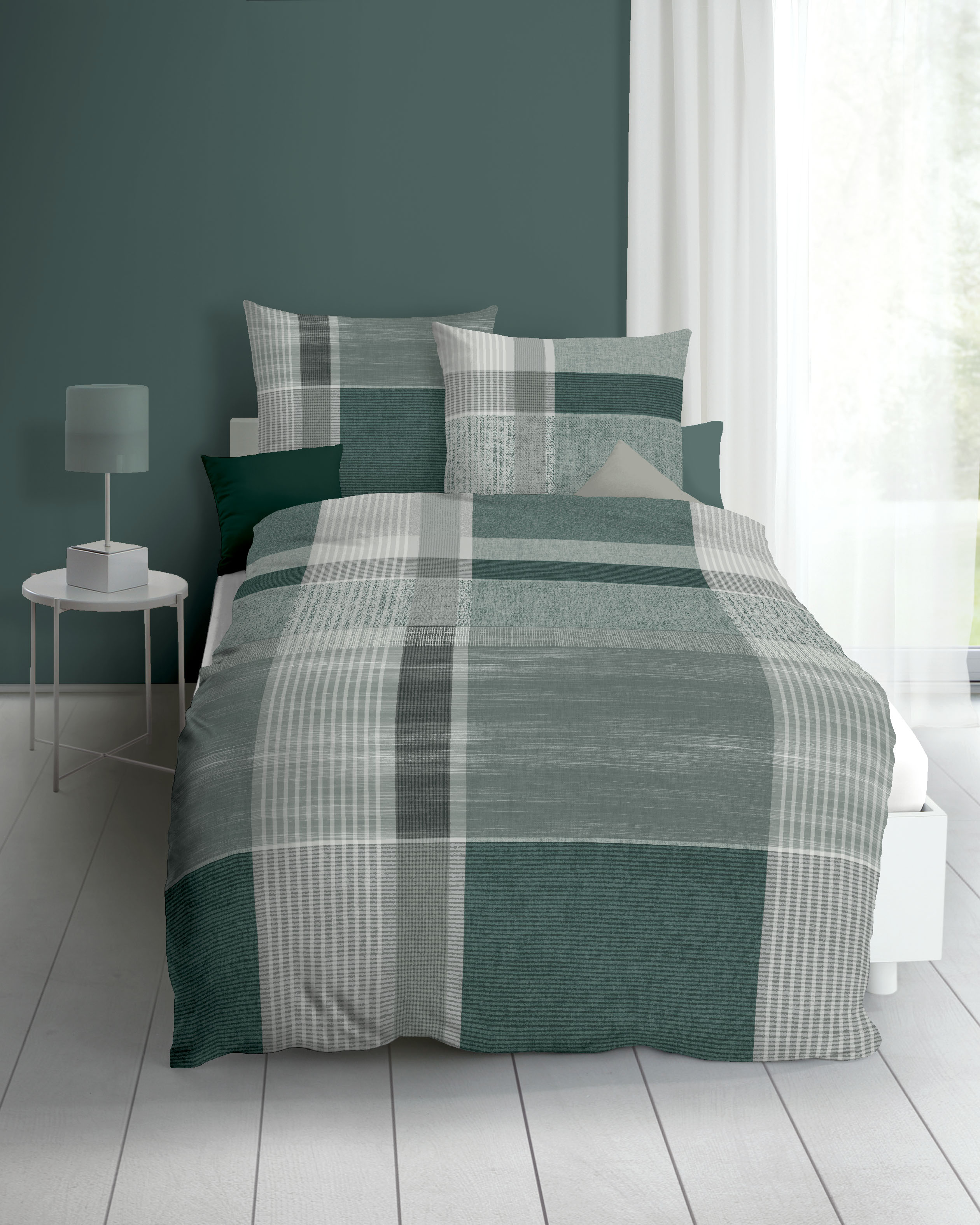 Biber Bettwäsche Kaeppel in Smaragd-Grün im Karo-Design 406