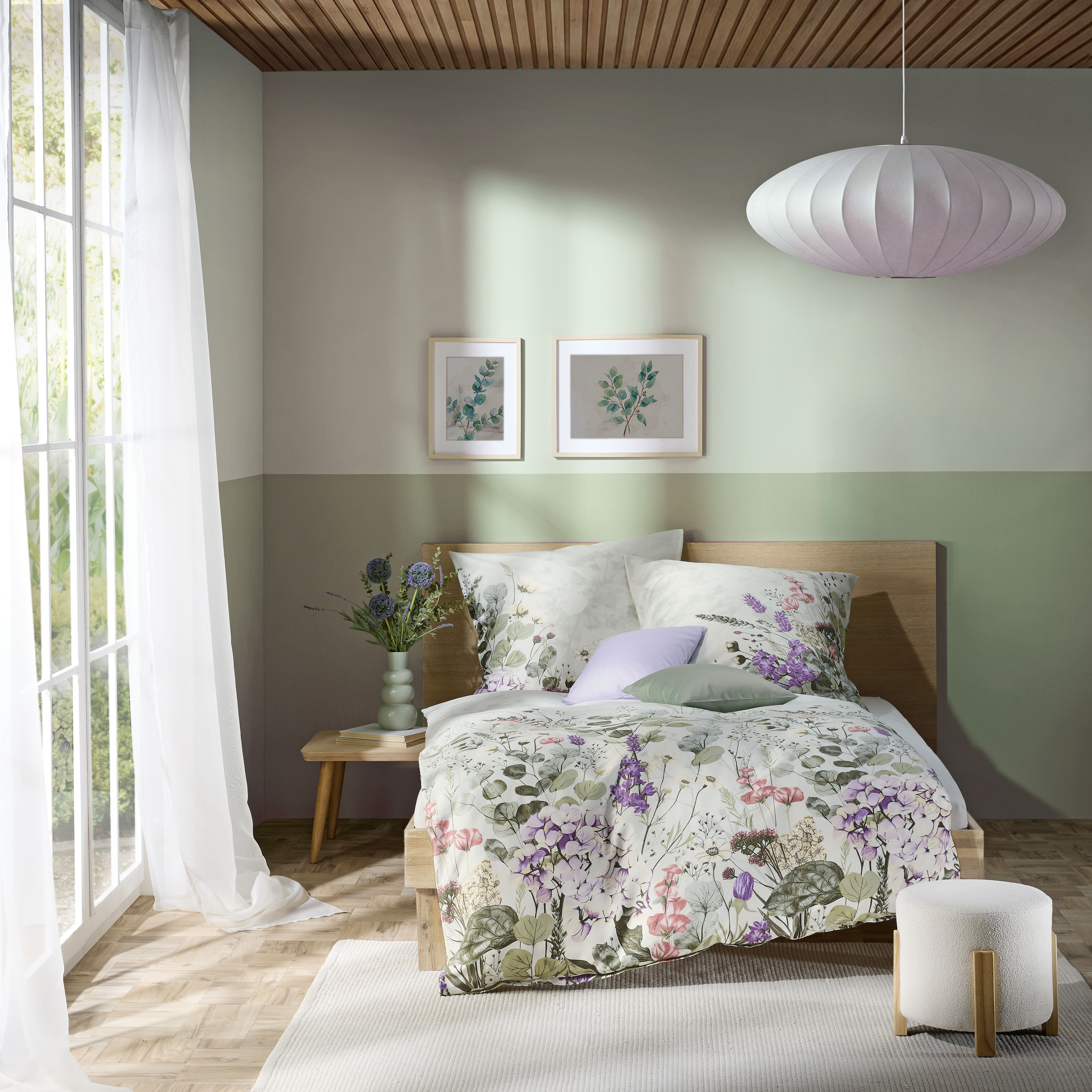Mako Satin Bettwäsche in Oliv-Grün mit Blumen-Design