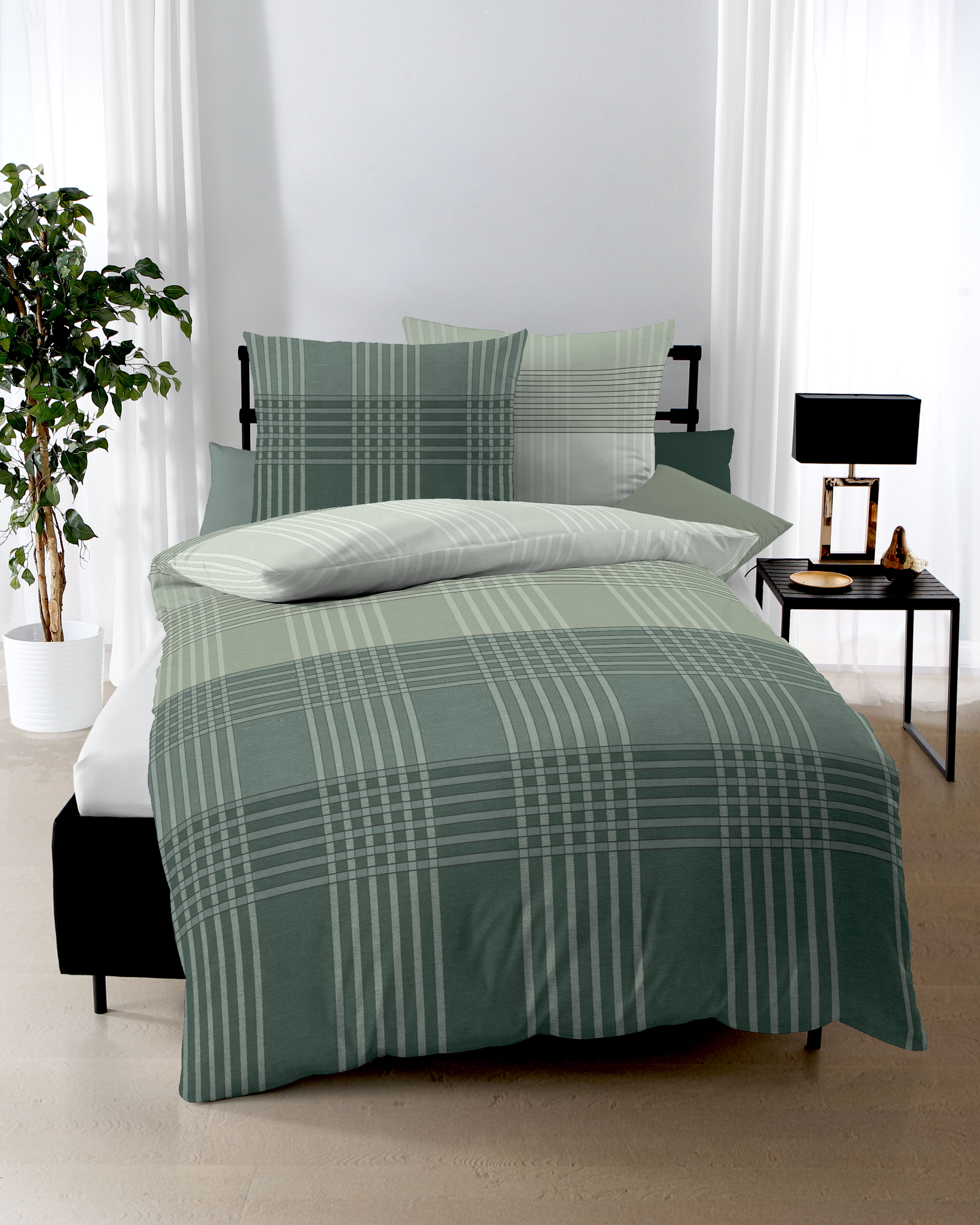 Biber Bettwäsche Kaeppel in Oliv-Grün im Karo-Design 426