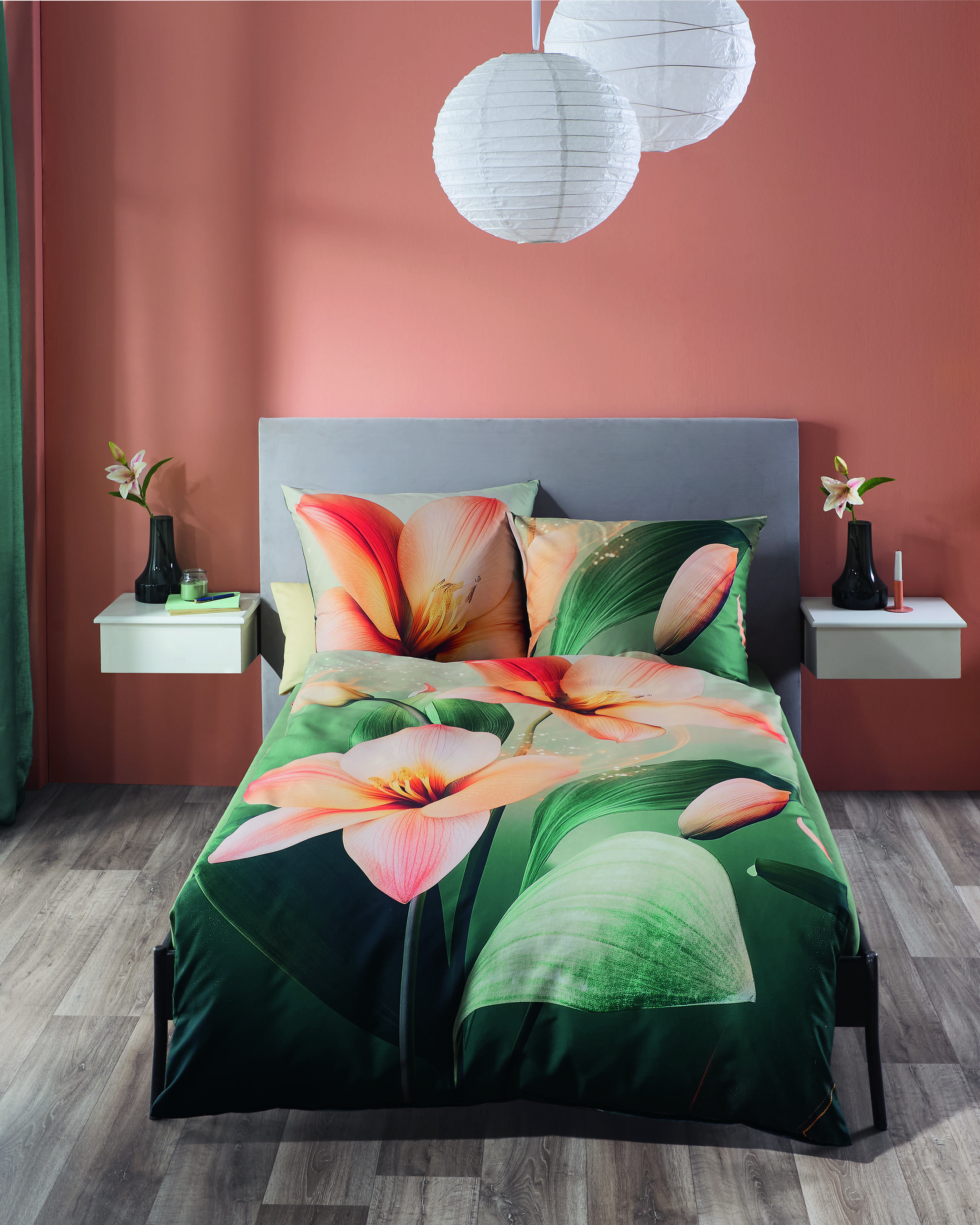 Mako Satin Bettwäsche Kaeppel mit Blumen-Design apricot 558