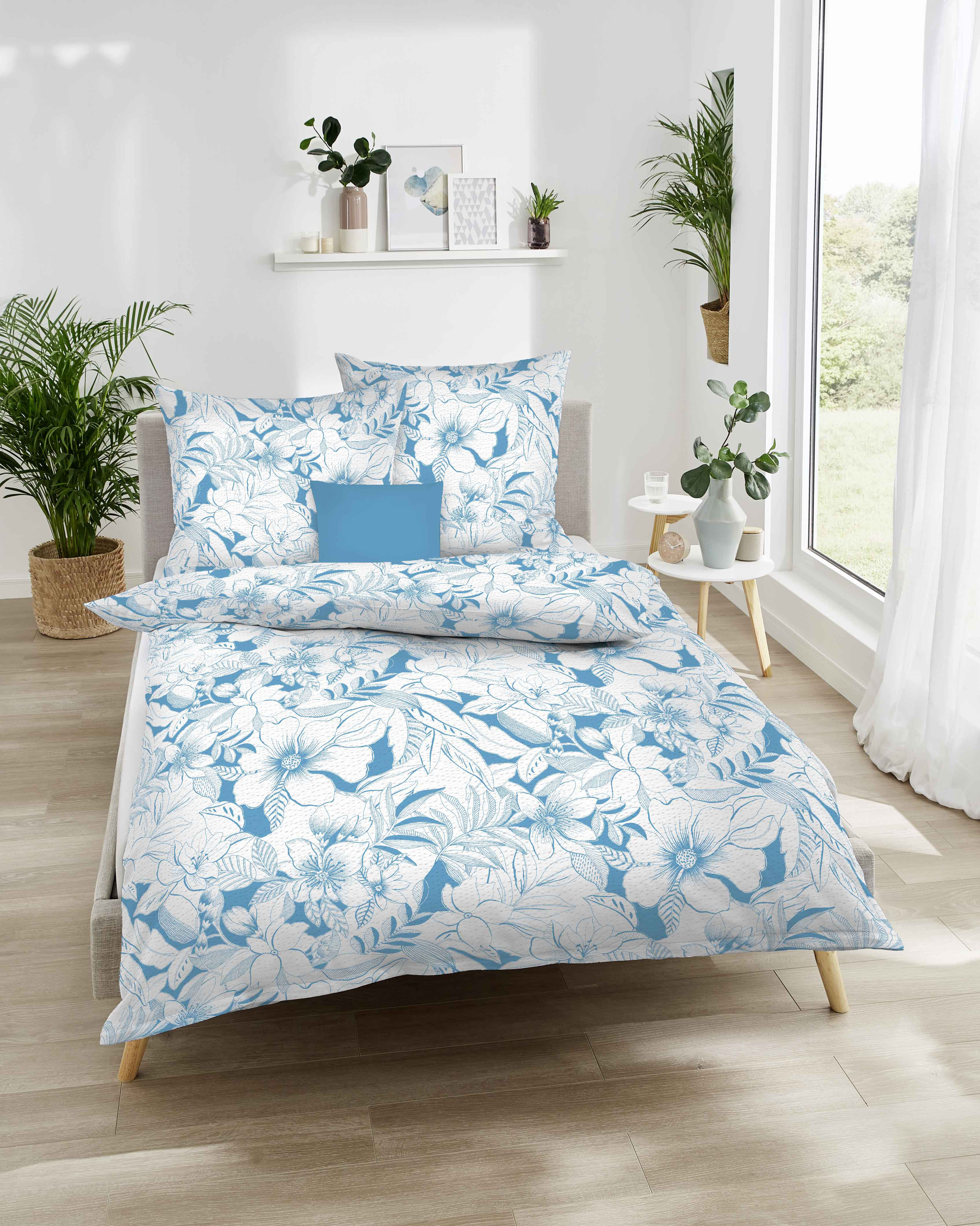 Seersucker Bettwäsche kaeppel im Blumen-Design in Azur-Blau 686