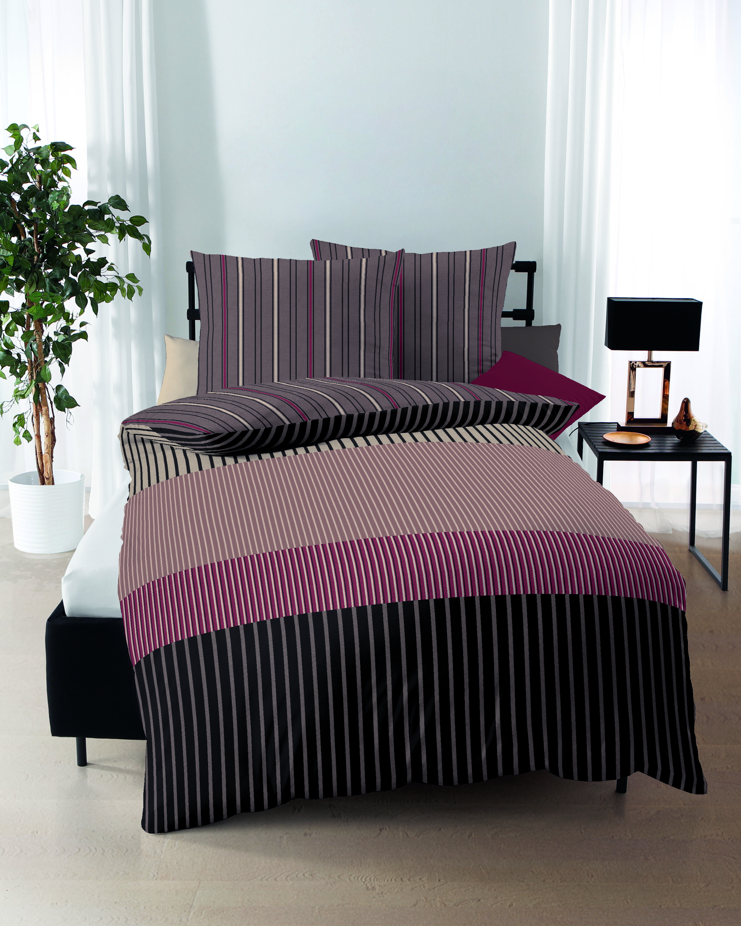 Mako Satin Bettwäsche mit Streifen-Design in Braun