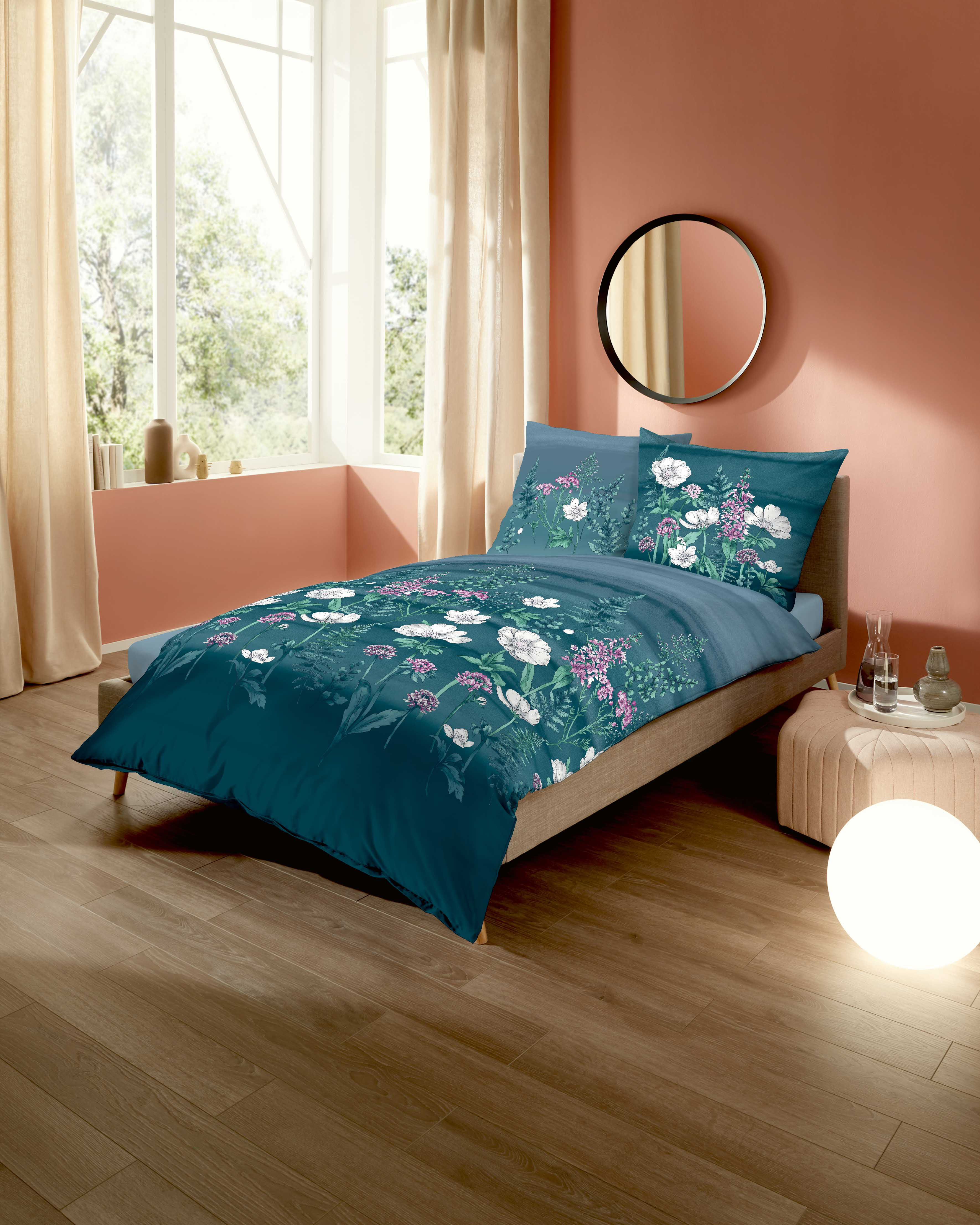 Mako Satin Bettwäsche mit Blumen-Design in Türkis