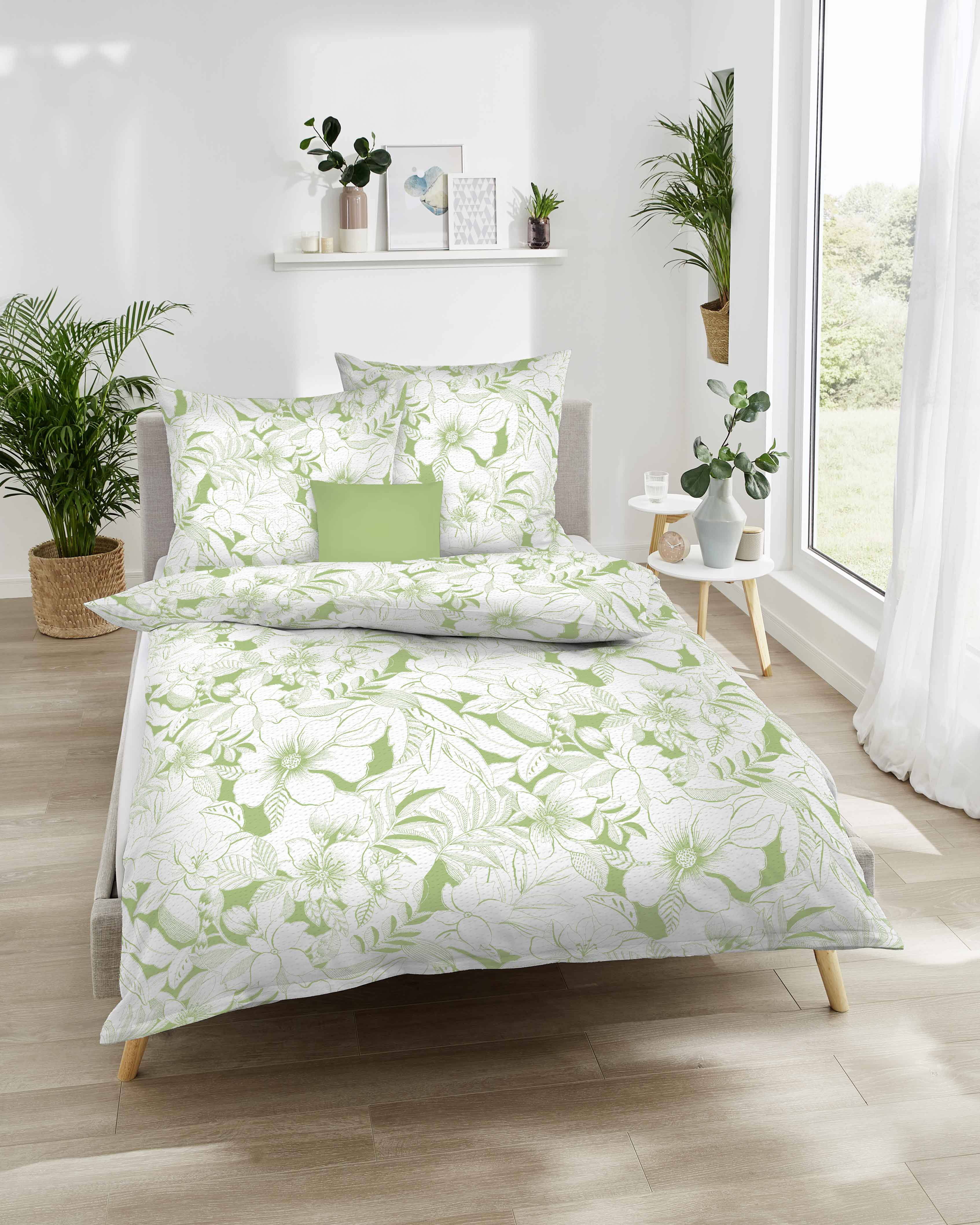 Seersucker Bettwäsche kaeppel im Blumen-Design in Grün 686