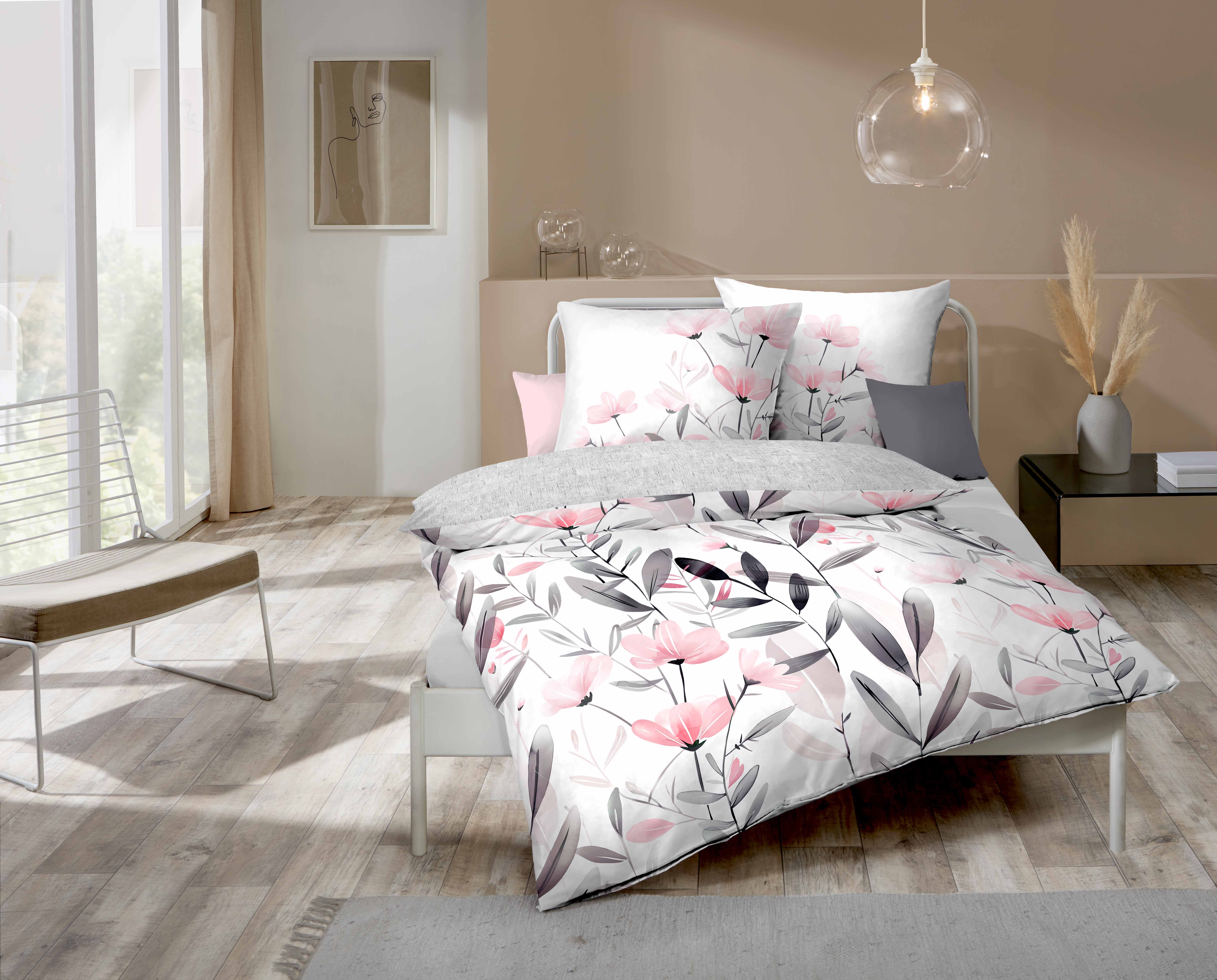 Mako Satin Bettwäsche mit Blumen-Design in Rosé
