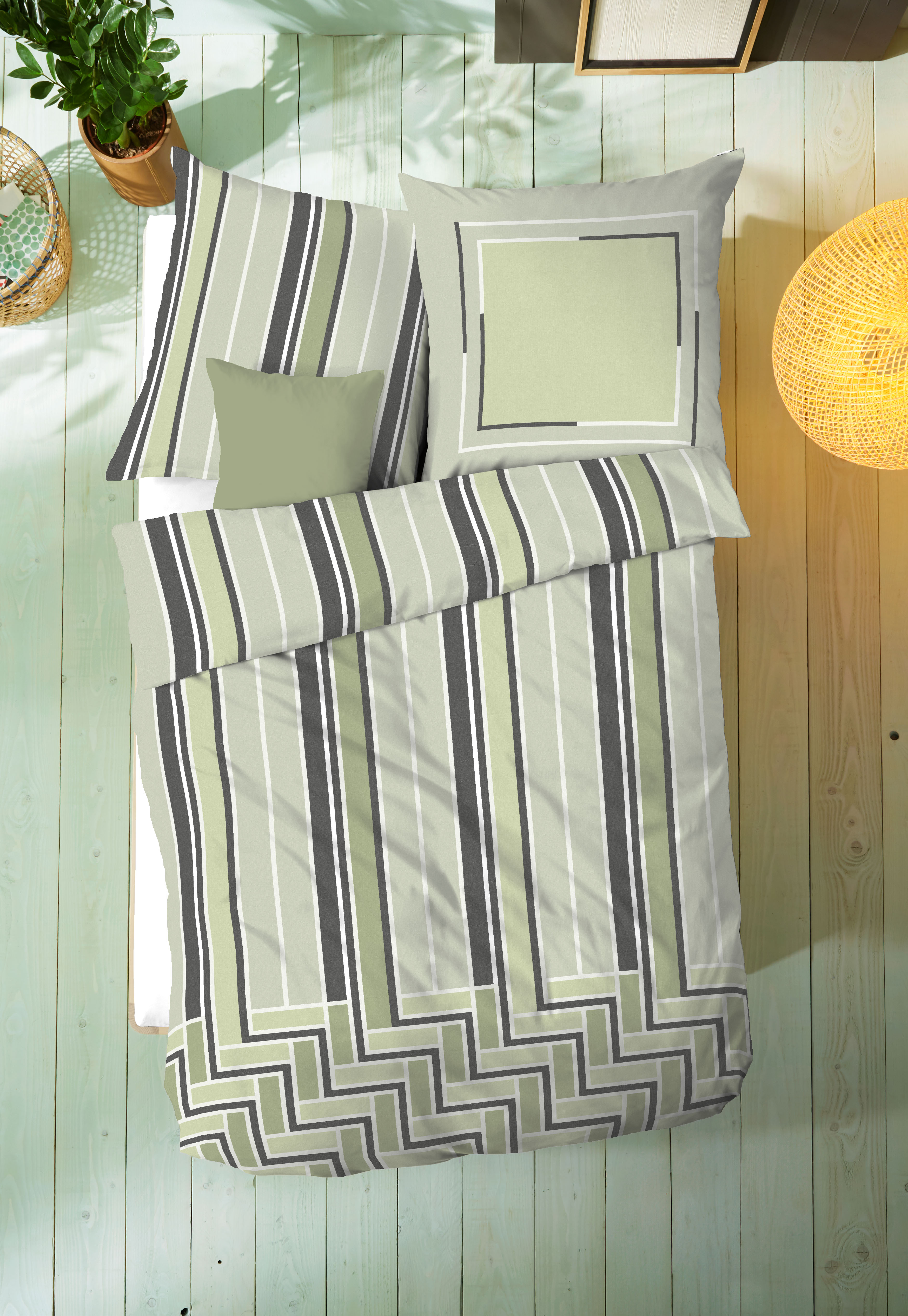 Mako Satin Bettwäsche in Kiwi-Grün mit Streifen-Design