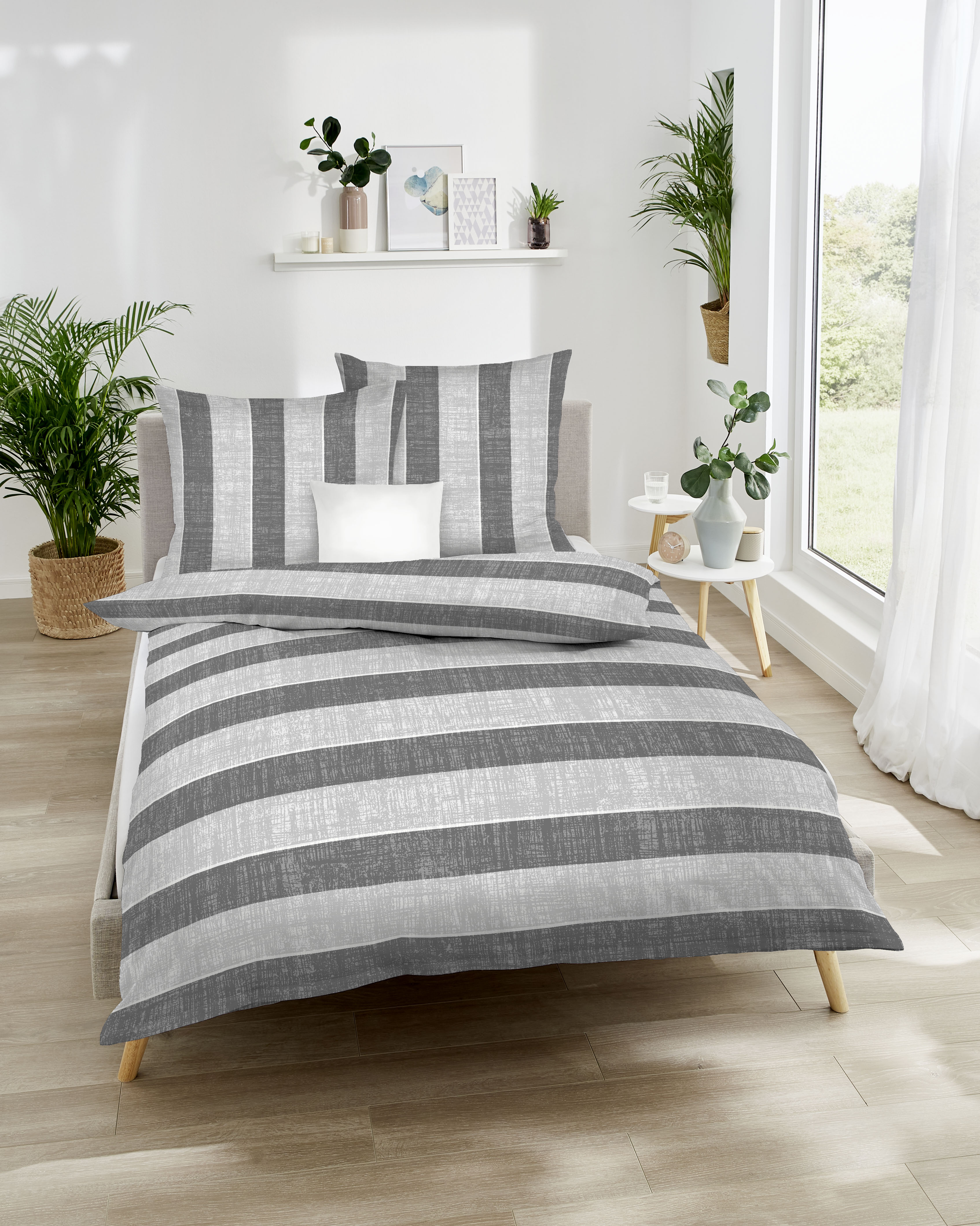 Biber Bettwäsche Kaeppel in Grau im Streifen-Design 530